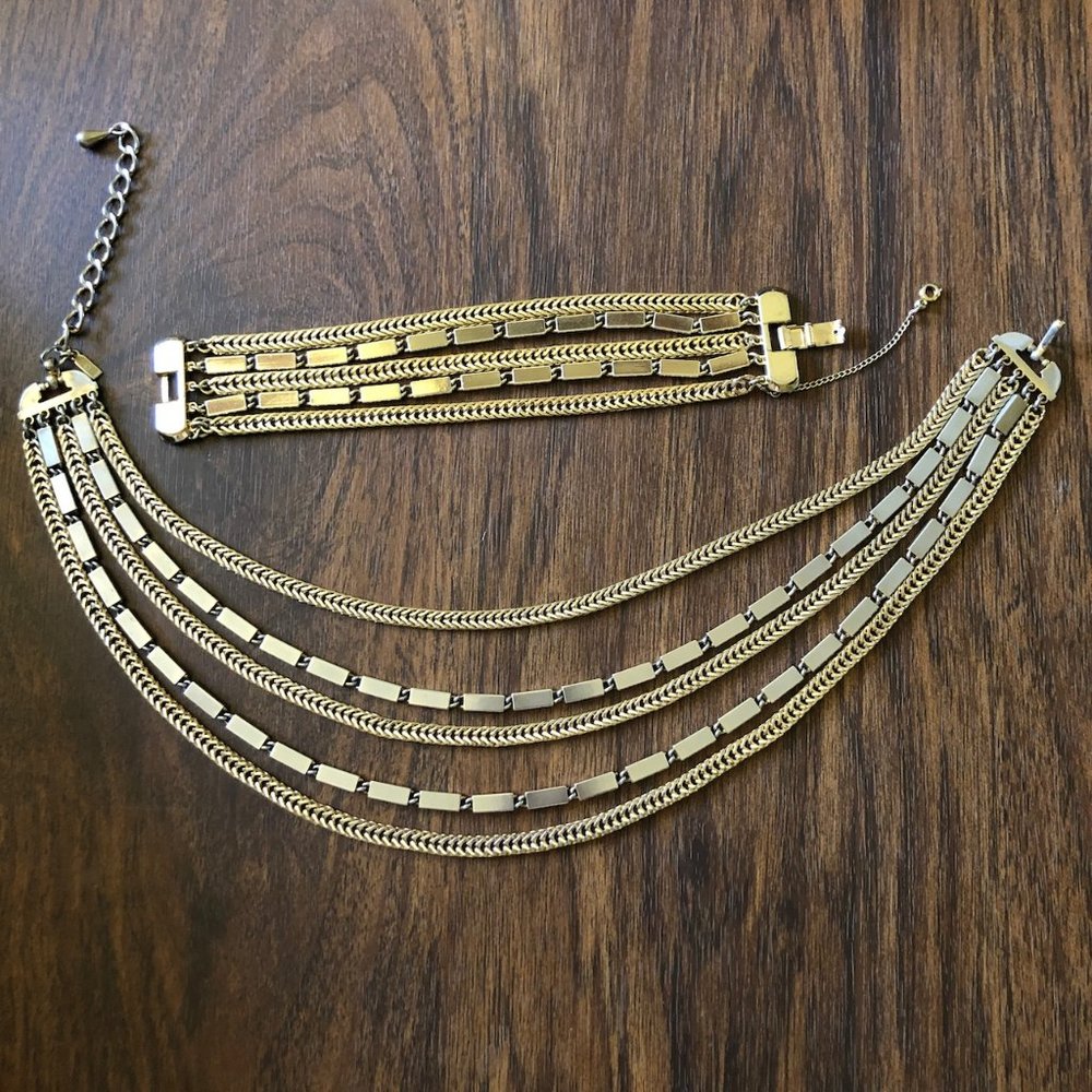 Vintage Monet Gold Tone 5 Strand Bar Necklace and Bracelet 2 pc.